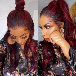 36 Inch Red Highlight Wig Human Hair 13x4 Body Wave Lace Front Wig Ombre Red With Black Colored Synthetic Wigs Pre Plucked