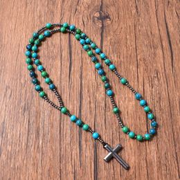 Pendant Necklaces Wholesale Christ Rosary 8mm Chrysocolla Mala Jewelry Cross Necklace For Men WomenPendant