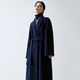 Women's Jackets Navy Blue Double Face Wool Coat Women Autumn Winter Notched Collar Long Belt Overcoat Korean Style Vintage Woolen 230215