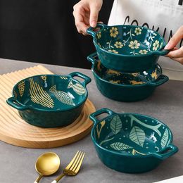 Bowls 8-inch Ceramic Bowl Embossed Underglaze Colour Double Ear Home Soup Salad Mixed Noodles Baked Rice Noodle