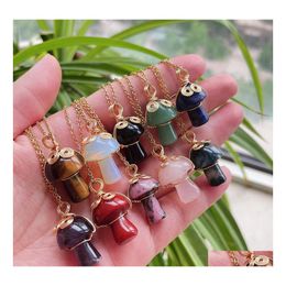 Pendant Necklaces Reiki Natural Stone Crystal Golden Chain Cute Mascot Mushroom Necklace Amethysts Labradorite Opal Chokers Drop Del Dhxuy