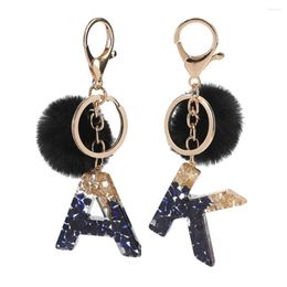 Keychains Black Pompom Letter Keychain Glitter Gradient Resin A-Z Initials Alphabet Keyring Pendant Women Handbag Phone Decorative Gift