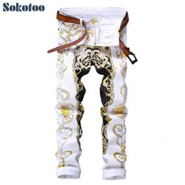Men's Jeans Sokotoo slim print jeans Fashion flower straight white denim pants Long trousers 230216