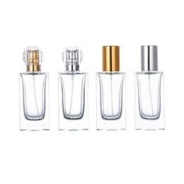 50ML Packing Empty Perfume Glass Bottle Square Shape Gold Silver Spary Press Pump With Lid Portable Refillable Cosmetic Packaging Container