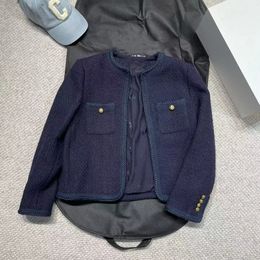 Women's Jackets navy blue tweed woven wool coat elegant temperament jacket 230215