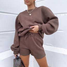 Women's Jumpsuits 2023 Thick Fall Winter 2 Piece Set Long Sleeve Clothes For Women Casual Fashion Pullover And High Waist Shorts Suit Warm