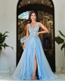 Blue A-line Prom Dresses Sleeveless V Neck Straps 3D Lace Appliques Sequins Beaded Hollow Floor Length Celebrity Side Slit Evening Dresses Plus Size Custom Made