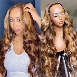 Highlight Wig Human Hair 36Inch Body Wave Lace Front Wig Ombre Coloured Wig Brazilian Brown Honey Blonde Wigs for Women Synthetic