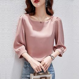 Women's Blouses Elegant Satin Three Quarter Sleeve Women 2023 Vintage Pink Ice Silk Shirt Casual Loose Lantern Tops