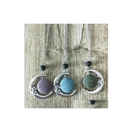 Pendant Necklaces Fashion Circle Lava Stone Moon Necklace Volcanic Rock Aromatherapy Essential Oil Diffuser For Women Jewelry Drop D Dhpre