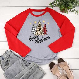 Women's T Shirts Long Sleeved Tee Womens Fashion Merry Christmas Raglan Sleeve Colour Contrast Shirt Top Light Blouses For Women