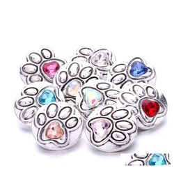 Charms Colorf Crystal Dog Paw Sier Colour Snap Button Women Jewellery Findings Pet Loved Rhinestone 18Mm Metal Snaps Buttons Diy Bracel Dh5Vu