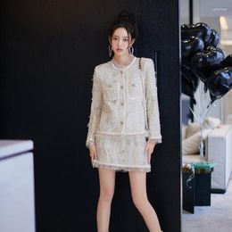 Work Dresses Autumn Korean Streetwear 2023 Fashion Elegant Ruffles O-neck Beige Jacket And Skirts Two Piece Sets Fall Outfits For Women