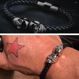Charm Bracelets Men Grey Genuine Leather Braided Northskull Bracelet Titanium Steel North Skull For Jewellery Gift IB105