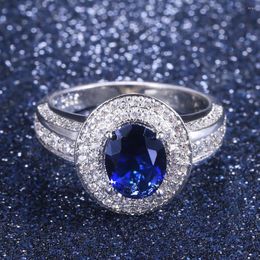 Cluster Rings Huitan Luxury Prong Setting-rings for Women with Deep Blue Zircon Stone Anniversary Gift Wife Micro Paved Middle