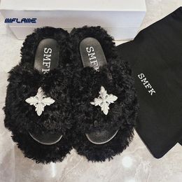 Slippers SMFK Plush Cross Slippers Women's Wool Comfortable Flat Bottom Home One-word Drag National Tide Sandals Woman Summer 2022 New L230215