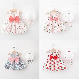 Girl Dresses Summer Party Cute Bow Flowers Sleeveless Cotton Child Dress Sunhat Clothing Set Born Baby Clothes