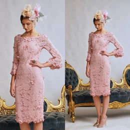 Floral Lace Sheath Mothers Dresses Knee Length Slim Fit Pink Mother Of The Bride Groom Wedding Party Gowns Flowers 3/4 Long Sleeves Elegant Prom Evening Wear