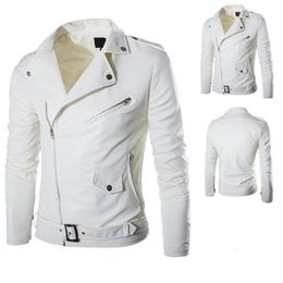 Men's Jackets Fashion PU Leather Jacket Men Buckle Zip Lapel Collar British Black White Punk Rock Outwear Coats 230215