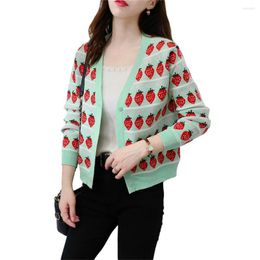 Women's Sweaters 2023 Chic Strawberry Jacquard Sweater Women's Button Down Cardigan Long Sleeve V Neck Print Loose Knit Tops