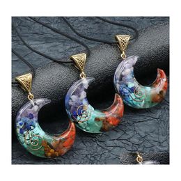 Pendant Necklaces Crescent 7 Chakras Orgonite Stone Necklace Moon Shape Healing Energy Natural Orgone Crystal Pendum Lucky Om Jewelr Dhpkv