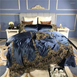 Conjuntos de cama Azul Luxo Romântico Golden Lace Bordado 100S Silk Algodão Royal Soft Set Duveta Capa Cama Folha Linho Fronhas