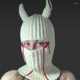 Berets Funny Horns Knitted Hat Woollen Full Face Cover Windproof Balaclava