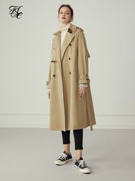 レディーストレンチコートFSLE100％コットンカーキロングウィメントレンチコート秋の冬ターンダウンカラー女性服