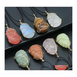 Pendant Necklaces Gold Wire Wrap Oval Colorf Crystal Stone Necklace Quartz Crystals Healing Jewellery For Men Rope Chain Drop Delivery Dhrxh