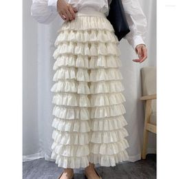 Skirts Women Fashion Korea Spring White Cake Long Stitching Princess Elastic Waist Sweet Chiffon High A-line Faldas J081