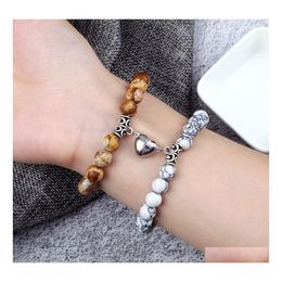 Charm Bracelets 2Pcs/Set Heart Magnet Pendant Bracelet Couples Lover Meaningf Natural Stone Bangles Jewellery 8Mm Strench Psera Gift F Dhgjr