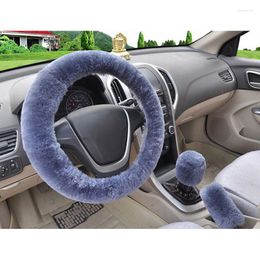 Steering Wheel Covers 3Pcs/set Winter Grey Soft Warm Plush Car Cover Handbrake