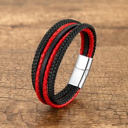 Charm Bracelets Black Red Multilayer HandWoven Leather Wrap Vintage Style Mens Bangles Male Gift Wristband Jewellery 230215