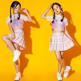 Stage Wear Girls Jazz Dance Performance Costume Summer Kids Clothes Pink Sequin Hip Hop Outfit Street Concert DNV16334