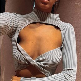 Women's T Shirts Chic Turtleneck Hollow Out Crop Tops Women's Autumn Long Sleeve SexyRib Solid Colour Top Midriff-baring Slim Fit