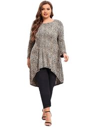 Women's Plus Size T-Shirt Plus Size Elegant Spring Autumn Long Sleeve Hi Low Leopard Print Tunic Tops Women Casual Long Flare Swing Blouse Shirt 7XL 8XL 230216