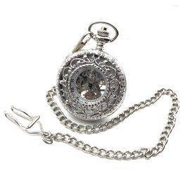 Pocket Watches Antique Style Silver Tone Hollow Case Roman Number Dial Hand Wind Mens Mechanical Watch W/Chain Reloj De Bolsillo Gift