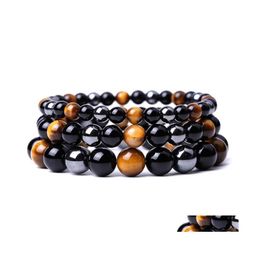 Charm Bracelets 6 8 10Mm Tiger Eye Stone Bright Black Beads Bracelet Women Men Yoga Hand String Jewellery Friendship Gift Drop Delivery Dhovh
