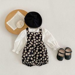 Clothing Sets 2023 Spring Vintage Boutique Set Baby Girl Fashion Flower Embroidery Puff Sleeves Tops And Printed Strappy Cotton Trousers