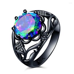 Wedding Rings Fashion Flower Shiny Opal Ring Colourful Garnet Women Charming Engagement Jewellery Black Gold Filled Promise Bijoux Femme