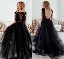 Sexy Open Back Black Prom Dresses Sheer Illusion Lace Appliques Ruffles Tulle Long Evening Gowns Tier Skirts Women Party Vestidos BC15175