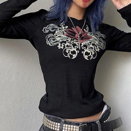 Women's T Shirts Women Long Sleeve Retro T-Shirts Vintage Floral Printed Casual Wild Stylish Slim Fit Daily Street Wear Female Black Crop