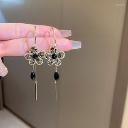 Hoop Earrings Fashion Black Rhinestone Flower Tassel C Shape Earring For Women Vintage Elegant Piercing Long 2023 Trendy Jewellery