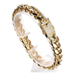 Charm Bracelets Miami Cuban Link Curb Chain Bracelet for women mens Bangls Gold Colour Stainless Steel Luxury crystal Wristband Chains Jewellery 230215