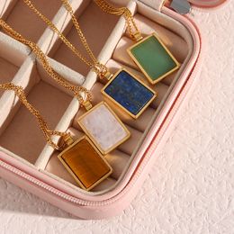 Pendant Necklaces EBbelle est Design Natural Stone Green Aventurine Lapis Pink Crystal Tiger Eye Square Pendant Necklace for Women Jewellery 230215