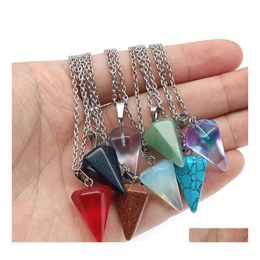 Pendant Necklaces Cone Stone Opal Crystal Pendum Necklace Chakra Healing Jewellery For Women Men Stainless Steel Chain Drop Delivery Pe Dh2Ik