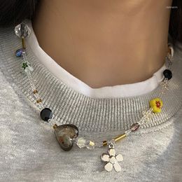 Choker Korean Flower Pendant Crystal Class Gravel Beaded Necklace For Women Cool Y2K 2023 Fashion Jewellery Exquisite Accessory