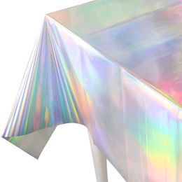 Disposable Flatware Plastic Iridescent Christmas Party Foil Table Cover Holographic cloth Mermaid Unicorn Birthday Decor 230216