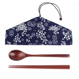 Dinnerware Sets Wooden Spoon Natural Wood Chopsticks Soup Teaspoon Portable Cutlery For Kitchen Cooking Utensil Tool With Storage Bag