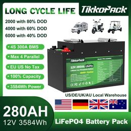 TIKKOPACK 12V 280Ah LiFePO4 Battery Pack Grade A 4S 300A BMS Cells Lithium Iron Phosphate Batteries For Solar RV Boat Tax Free